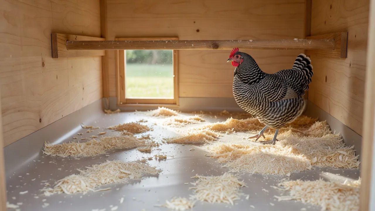 Inside an empty wooden chicken coop with a smooth sheet vinyl floor turned up the walls, fresh pine shavings scattered across it, a roost bar and a small pop door