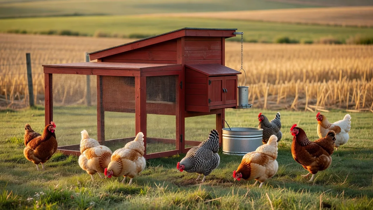 A red wooden chicken coop with an attached run and hens pecking in the grass at golden hour