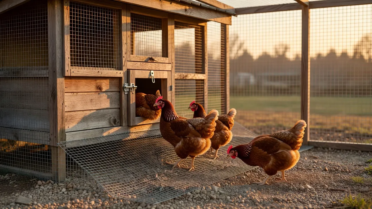 A backyard chicken coop and run with galvanized wire mesh on every opening at dusk