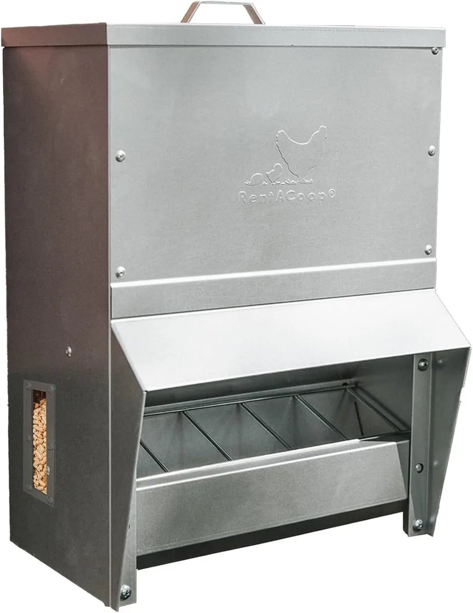 RentACoop 25 lb Galvanized Trough Feeder with Lid